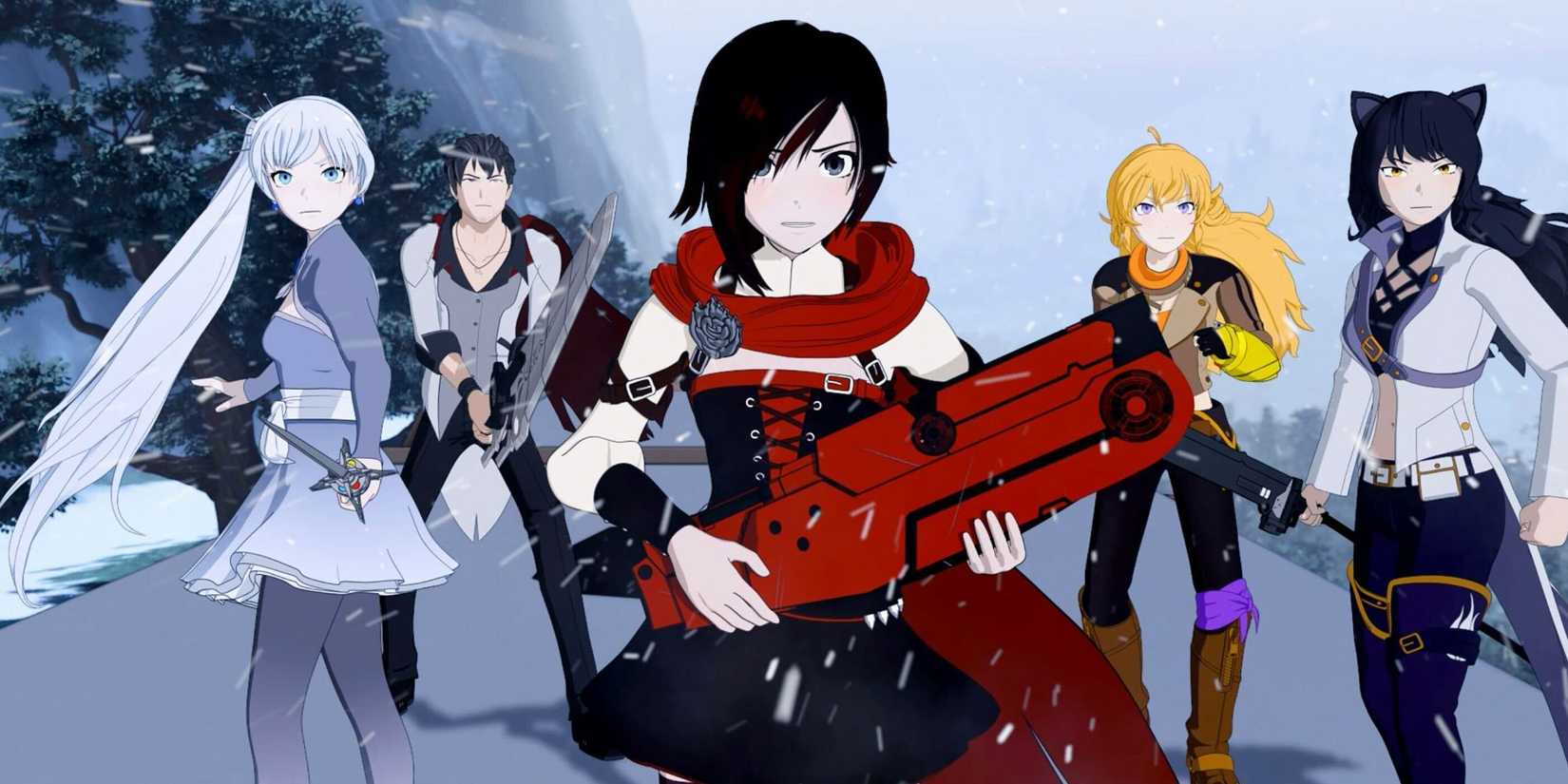 The cast of RWBY holding weapons 
