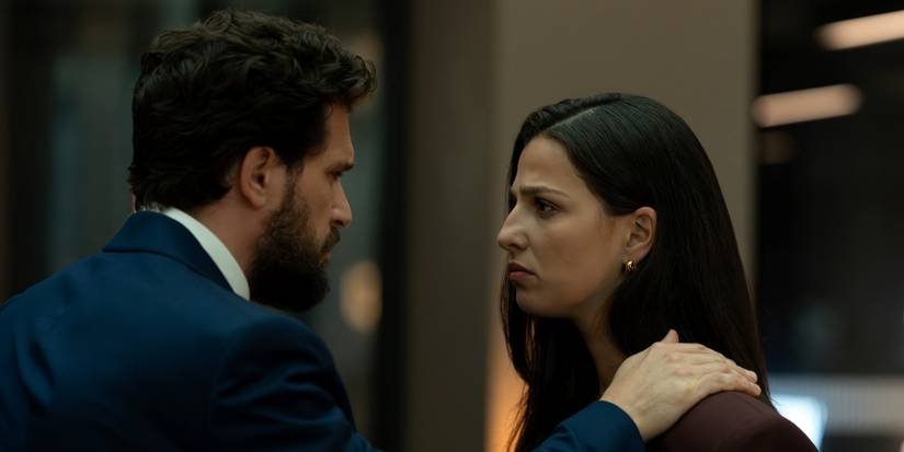 Marisa Abela as Yasmin standing across from Kit Harington as Henry Muck in Industry Season 4