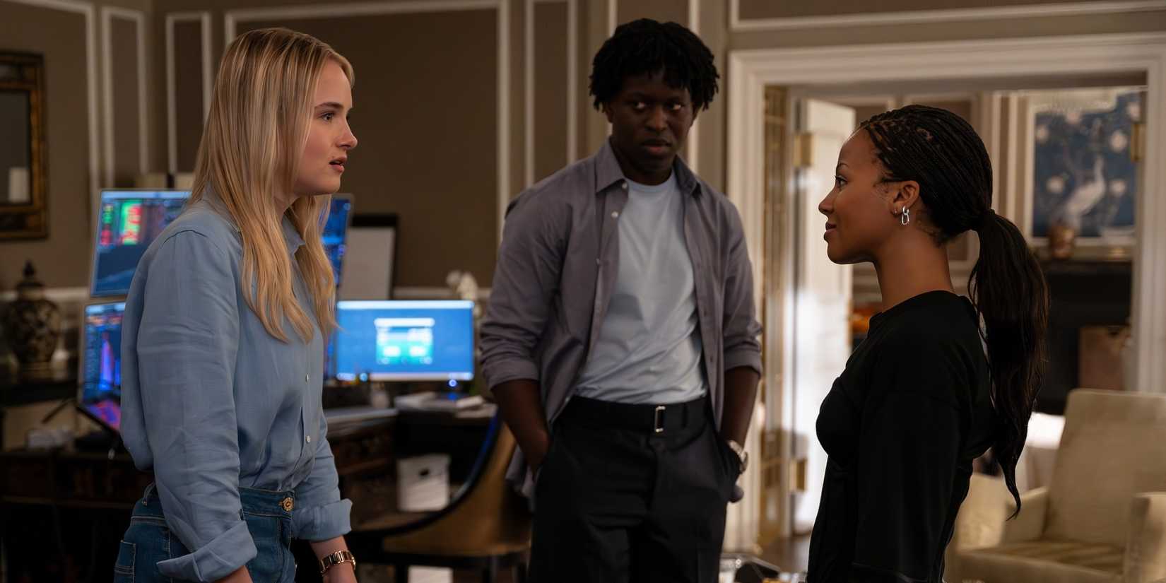 Miriam Petche as Sweetpea standing with Myha'la as Harper and Toheeb Jimoh as Kwabena in Industry Season 4