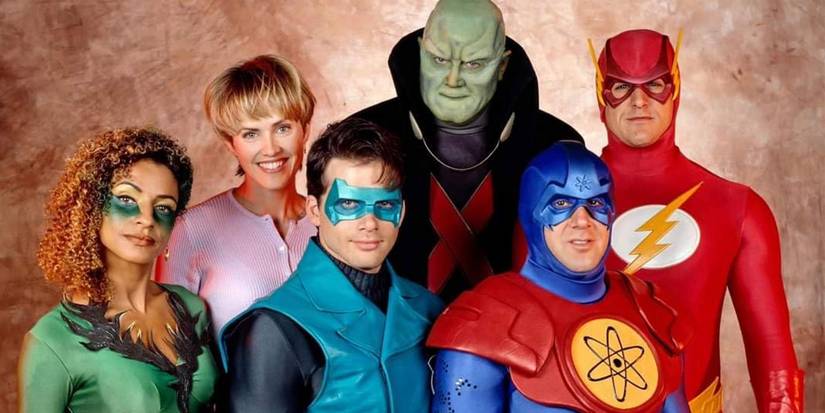 The cast of the unaired 'Justice League of America' series, including B.B. DaCosta / Fire (Michelle Hurd), Tori Olafsdotter / Ice (Kim Oja), Green Lantern / Guy Gardner (Matthew Settle), J'onn J'onzz / Martian Manhunter (David Ogden Stiers), Ray Palmer / The Atom (John Kassir), and Barry Allen / The Flash (Kenny Johnston)
