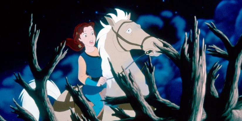 Kayley on horseback looking frightened in woods in Quest for Camelot