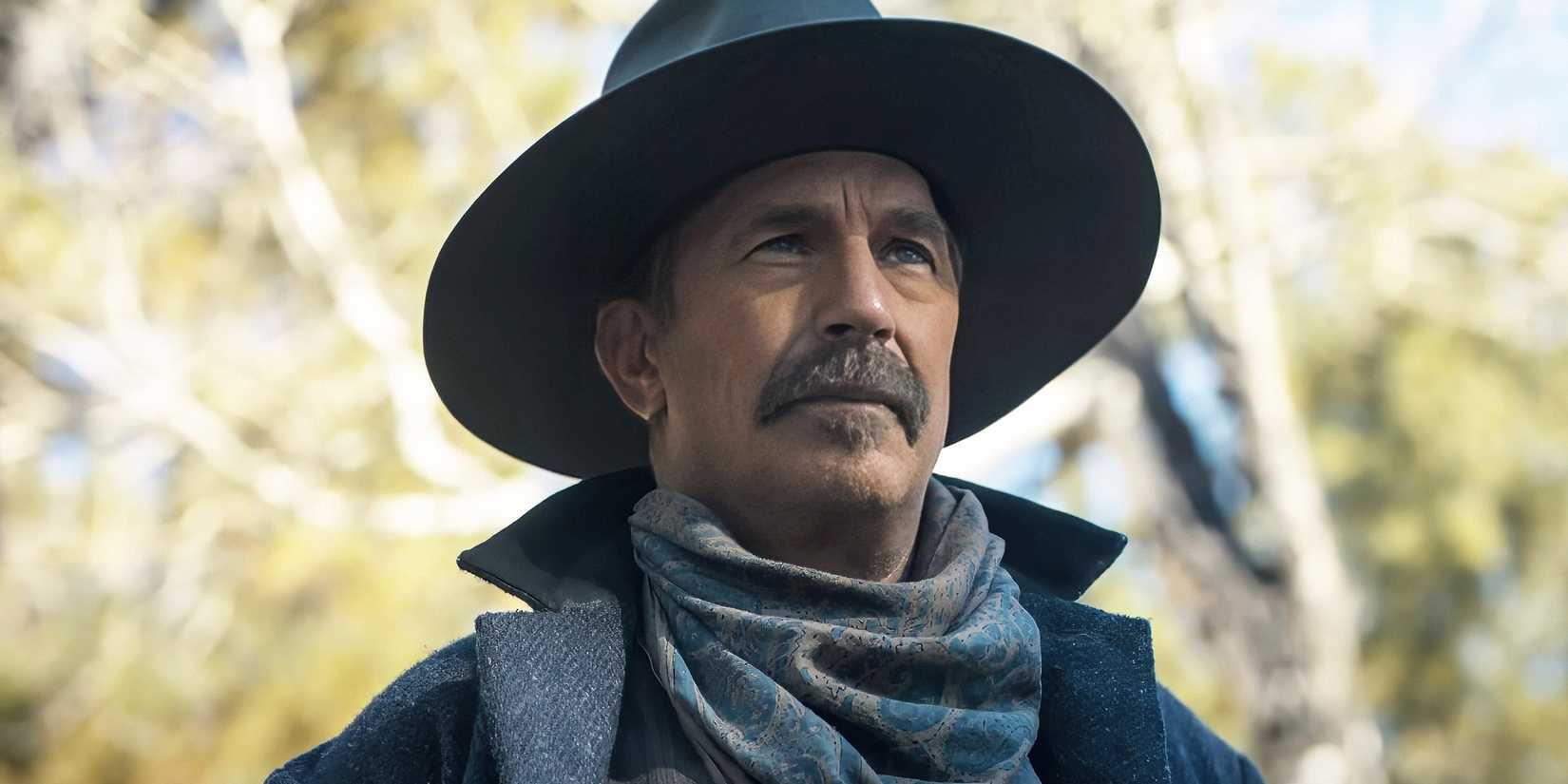 Kevin Costner wears a cowboy hat and a large mustache in 'Horizon' image