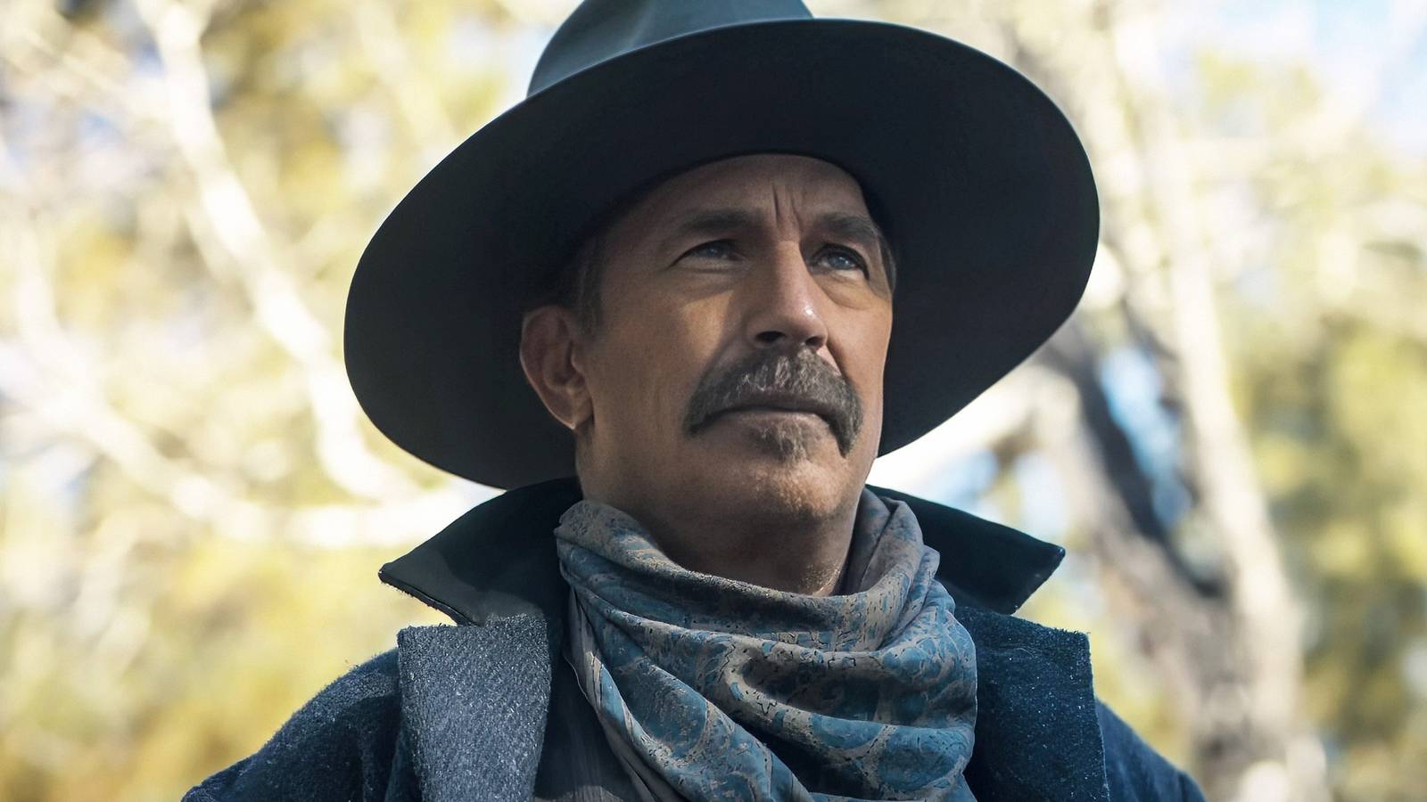 Kevin Costner wears a cowboy hat and a large mustache in 'Horizon' image