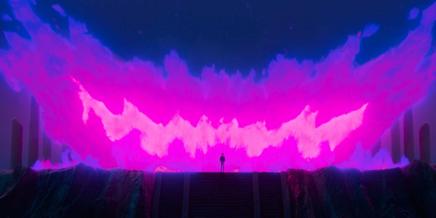 Jinu stands in front of the massive, pink and purple, smiling Gwi-ma.