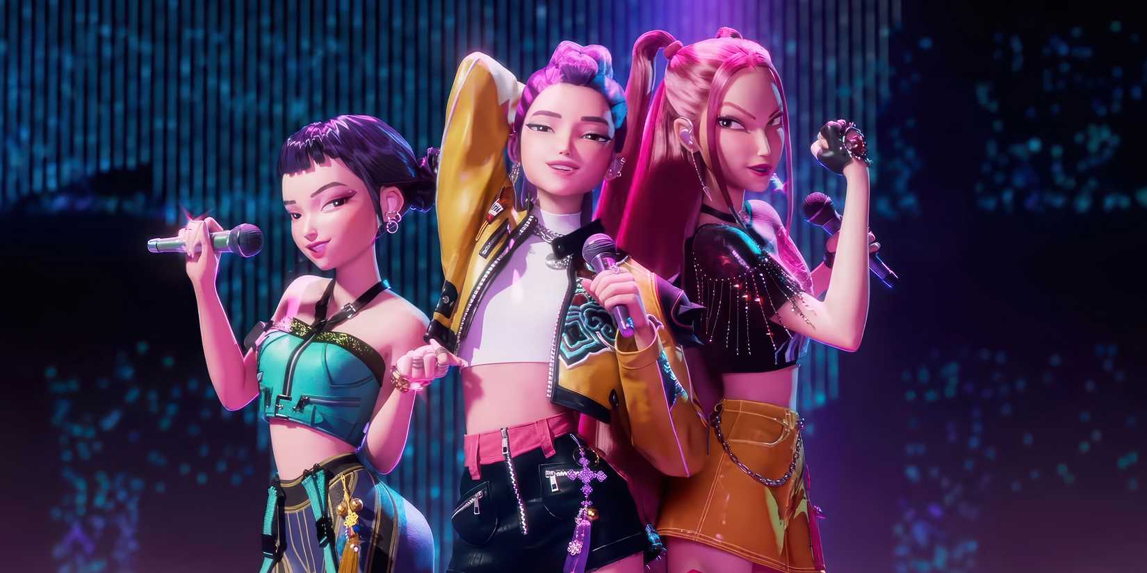 Zoey, Rumi, and Mira posing together on stage in KPop Demon Hunters.