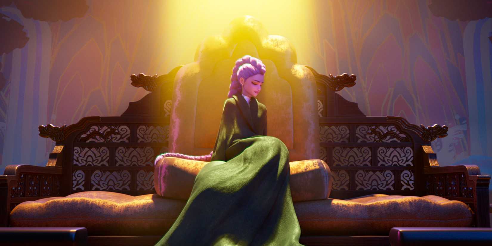 Rumi is wrapped in a green cloak, sitting on a throne, illuminated by a golden beam of light.