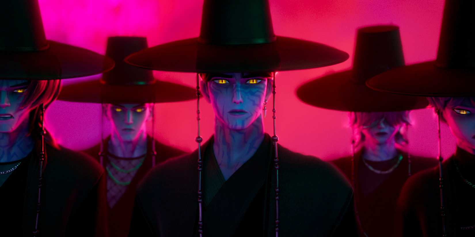 The Saja Boys in their demon form, standing together against a bright pink backdrop.