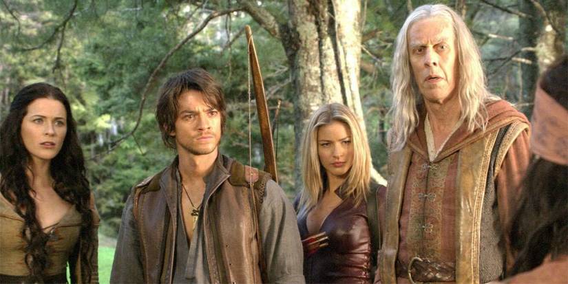 Bridget Regan as Kahlan Amnell, Craig Horner as Richard Cypher, Tabrett Bethell as Cara Mason, and Bruce Spence as Zeddicus Zu'l Zorander in Legend of the Seeker