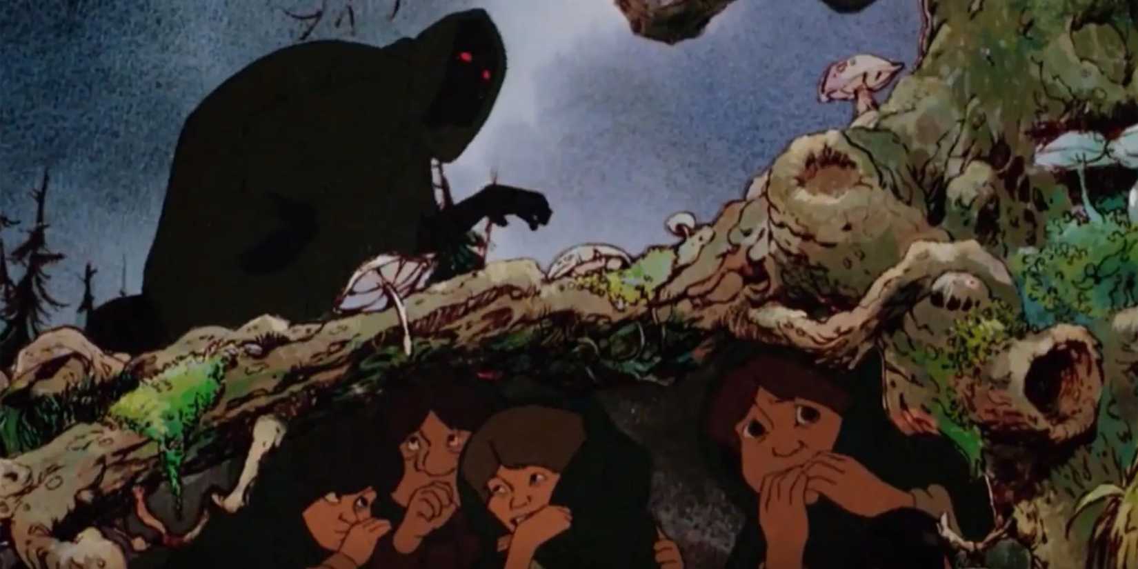 The hobbits hide from a Nazgul