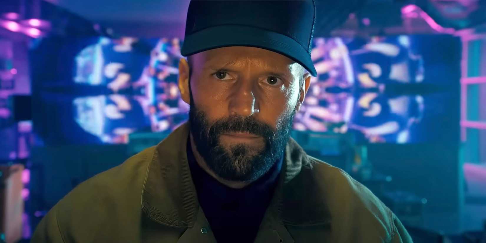 Jason Statham wears a hat in a club in The Beekeeper