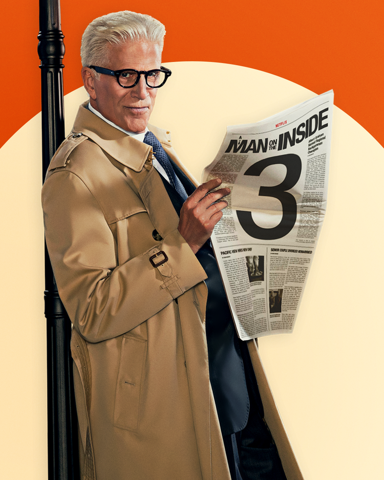 A trenchcoat-wearing Ted Danson leans on a streetlight and reads a newspaper, announcing a third season of A Man on the Inside. 