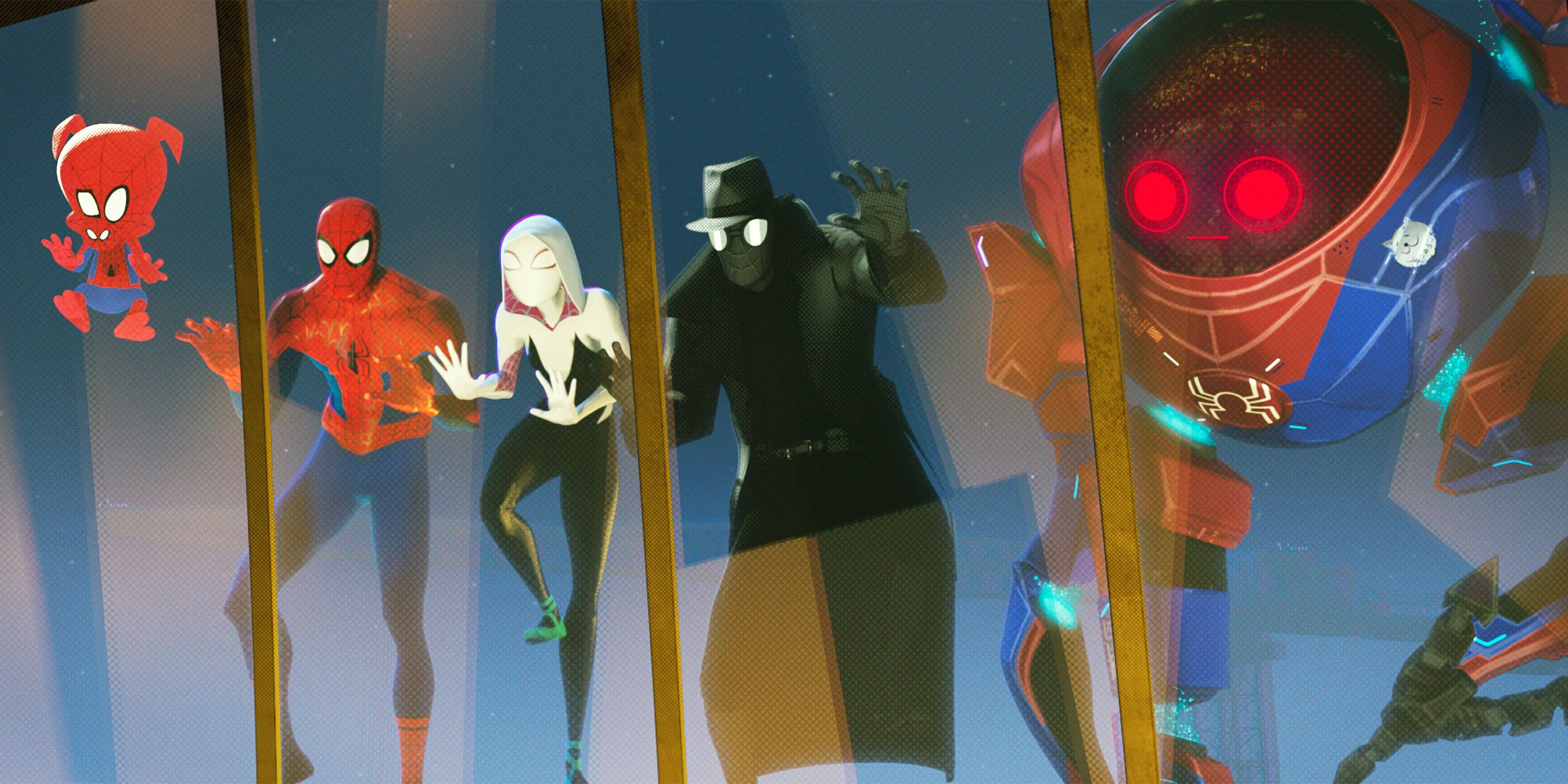 Spider-Ham, Spider-Man, Spider-Gwen, Spider-Noir, and Sp//der looking through a window in Spider-Man: Into the Spider-Verse