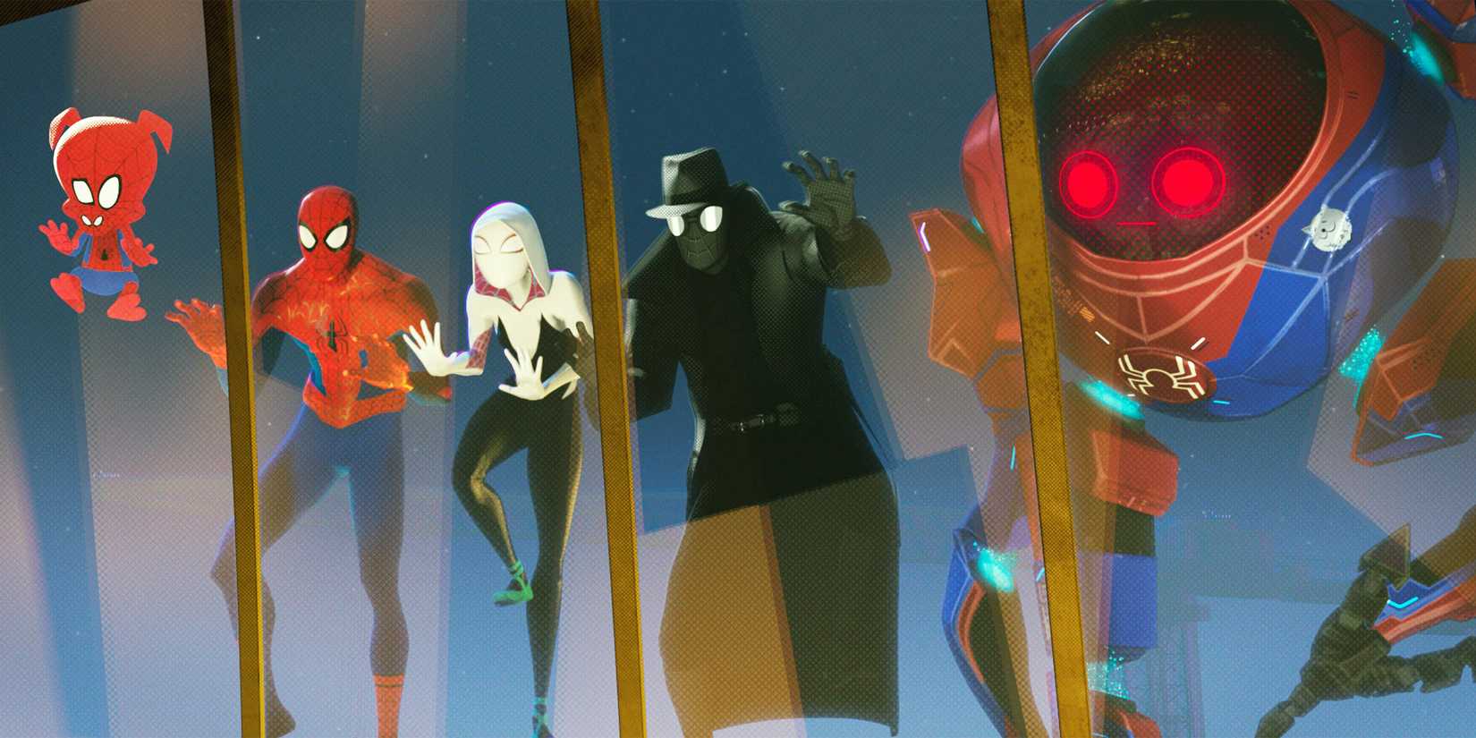 Spider-Ham, Spider-Man, Spider-Gwen, Spider-Noir, and Sp//der looking through a window in Spider-Man: Into the Spider-Verse