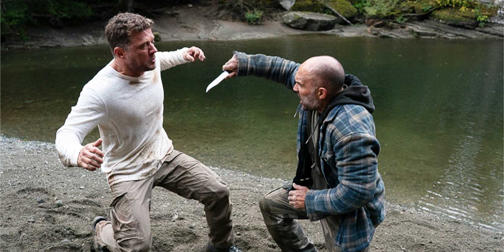 Danny dodges an off-grid community member's knife attack.