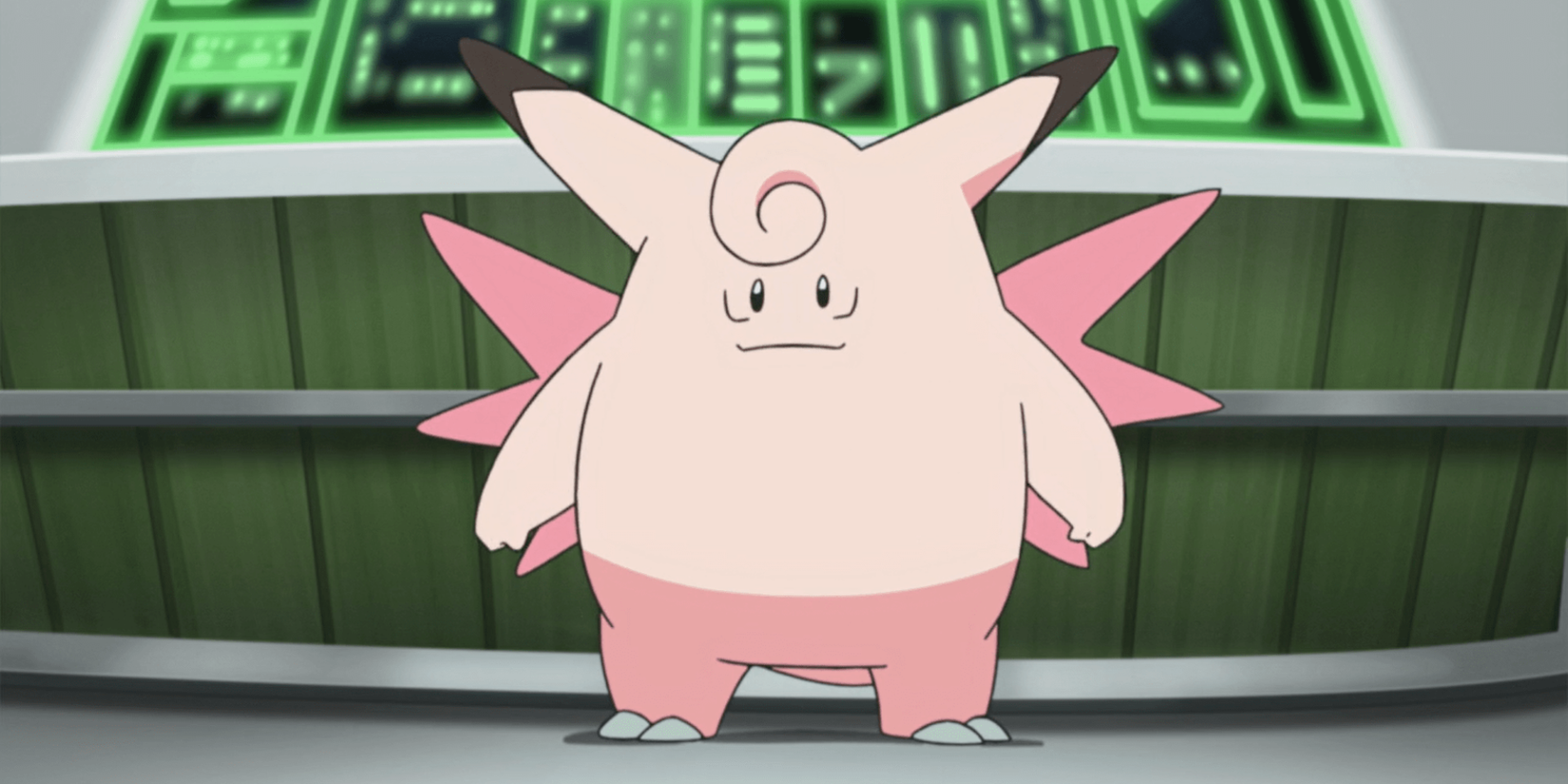 Clefable in front of a computer desk