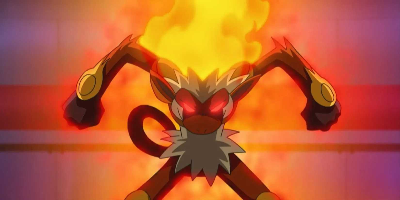 Infernape's fire blazes bright and its eyes turn red