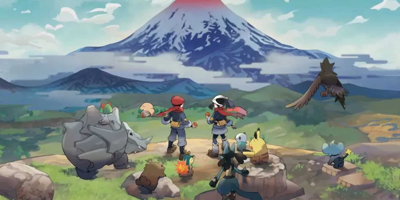 Two trainers stare at Mount Coronet, surrounded by Pokémon