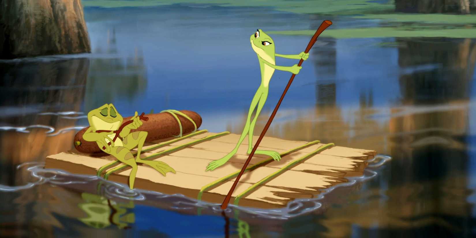 Tiana and Naveen raft their way through the bayou