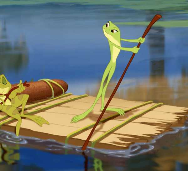 Tiana and Naveen raft their way through the bayou