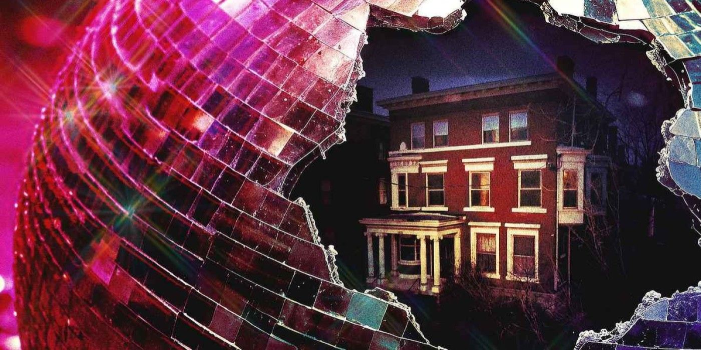 Promotional image for Murder in Glitterball City has a mirrorball cracked open to reveal a picture of the exterior of the murder house.
