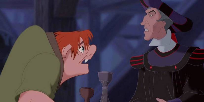Quasimodo and Frollo talking tensely in The Hunchback of Notre Dame.