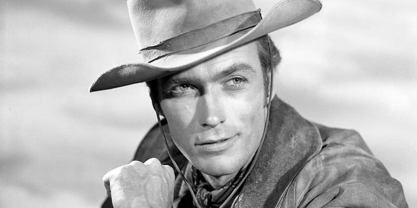 Clint Eastwood in Rawhide smiling up at something/someone