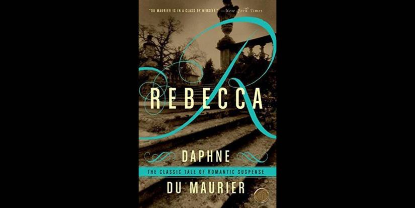 A grayscale photo of concrete stairs with the logo for Rebecca by Daphne du Maurier.