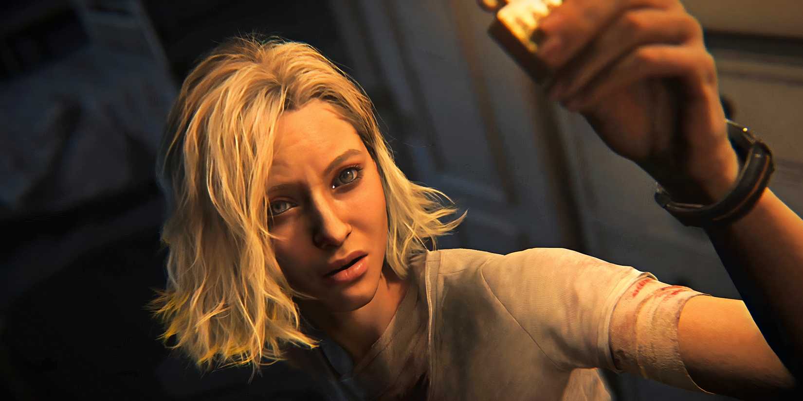 A blonde woman holds up a lighter in 'Resident Evil: Requiem'