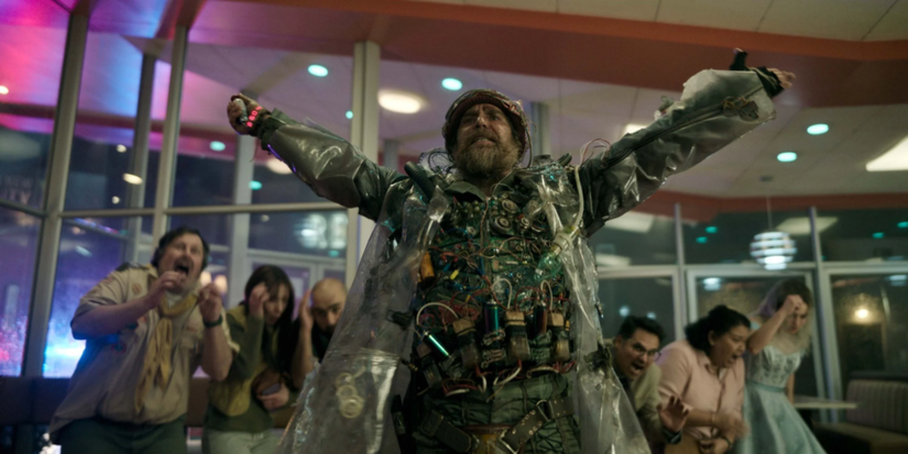 Sam Rockwell and the cast of Good Luck, Have Fun, Don't Die looking panicked 