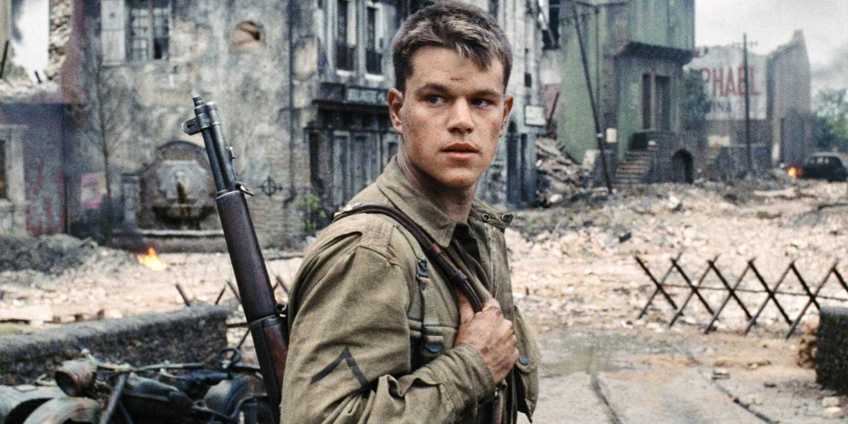 Matt Damon looking intently in Saving Private Ryan