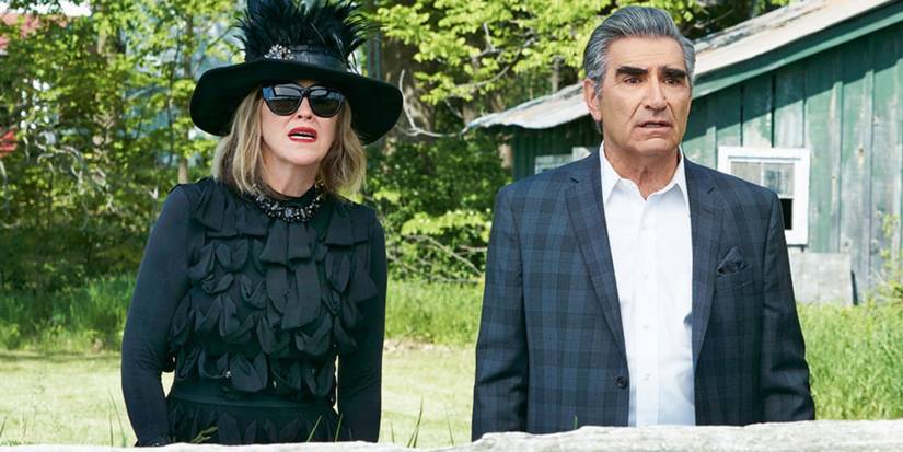 Catherine O'Hara as Moira and Eugene Levy as Johnny looking ahead with shock in the 'Schitt's Creek' episode "Finding David."