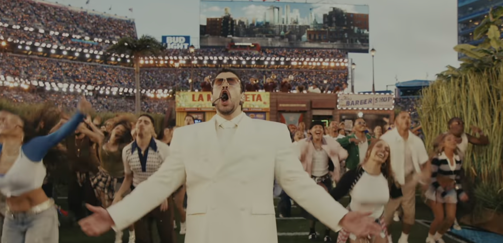 Bad Bunny performing at the Super Bowl LX halftime show