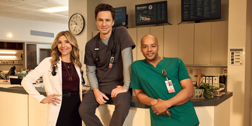 ABC’s “Scrubs” stars Sarah Chalke as Elliot Reid, Zach Braff as John “J.D.” Dorian, and Donald Faison as Christopher Turk. 