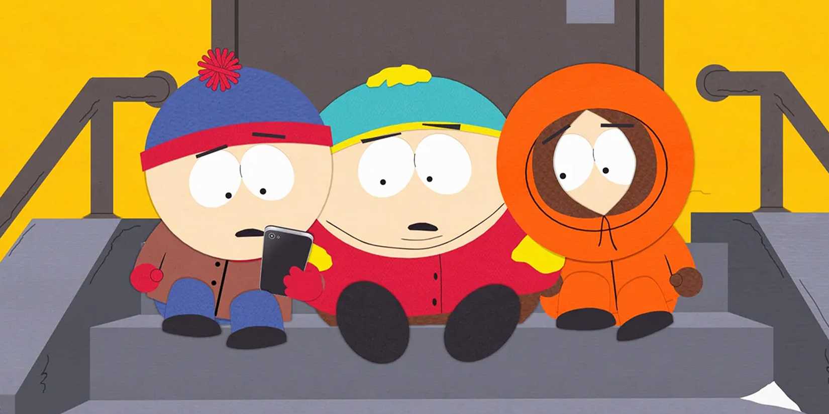 The trio sat on steps in 'South Park'