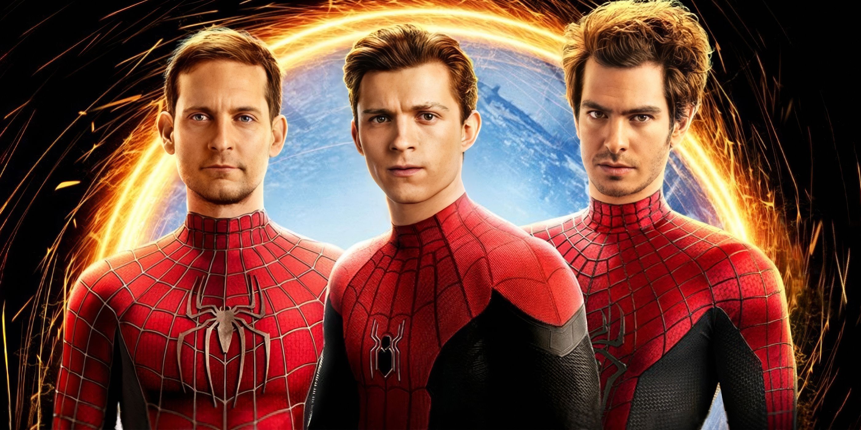 Tobey Maguire, Tom Holland, and Andrew Garfield in the poster for Spider-Man: No Way Home