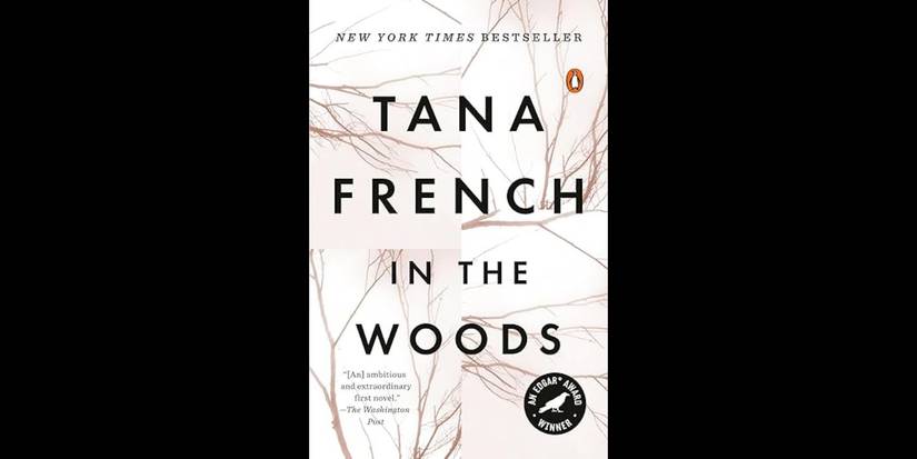 Four images of tree branches rotated into a mismatched collage on the book cover of In the Woods by Tana French.