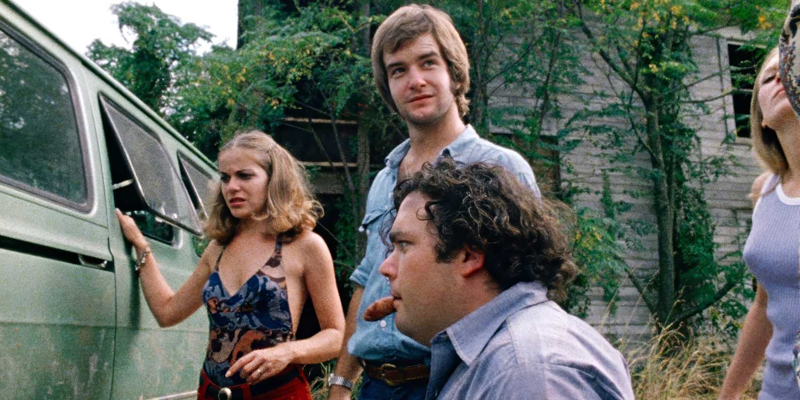 A group of unsuspecting victims stand outside their van in The Texas Chain Saw Massacre