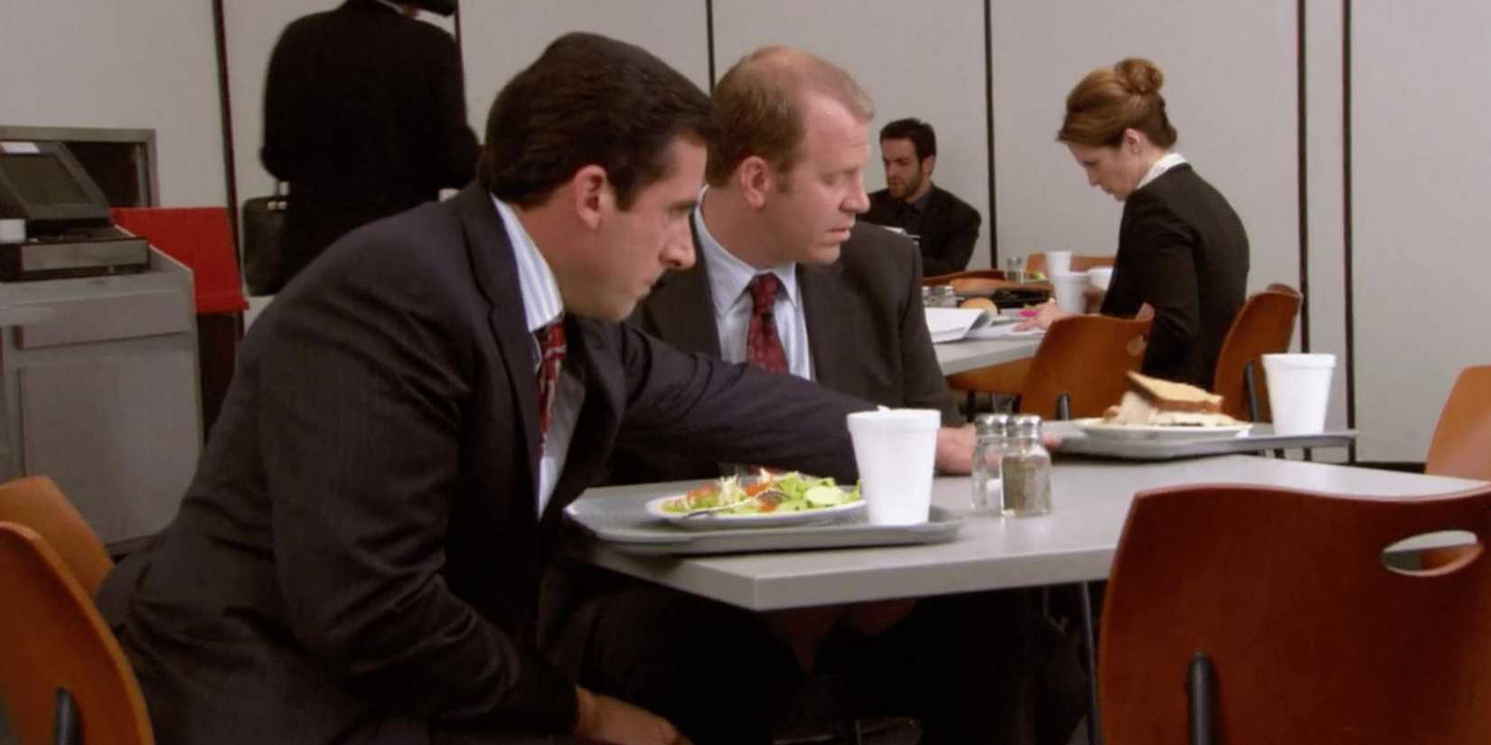 Steve Carell and Paul Lieberstein as Michael and Toby in The Office