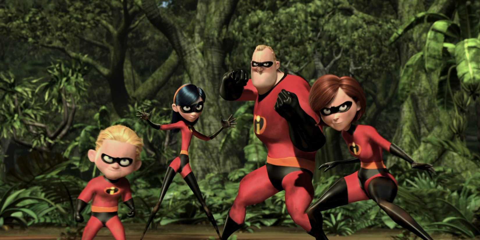 The Parr family in their supersuits stand in action poses with plants behind in The Incredibles.