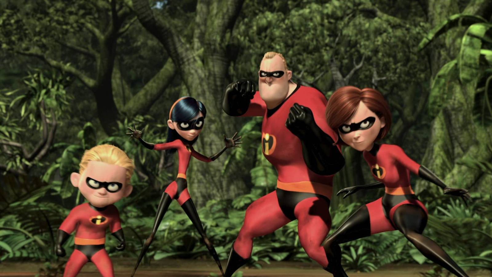The Parr family in their supersuits stand in action poses with plants behind in The Incredibles.
