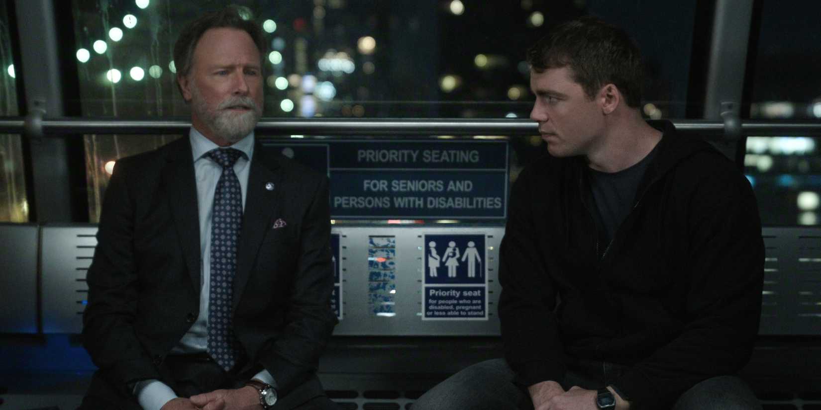 Louis Herthum as Jacob Monroe and Gabriel Basso as Peter in 'The Night Agent' Season 3.