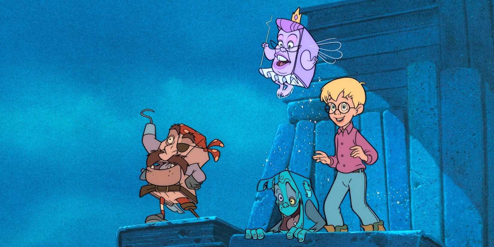 Macaulay Culkin in animated form with Fantasy, Horror, and Adventure looking excited in The Pagemaster