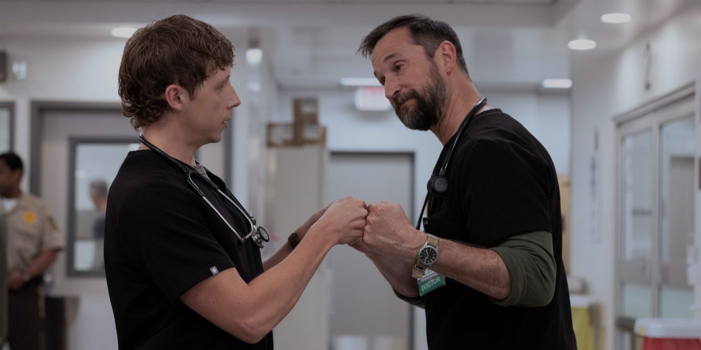 A fist bump between Dennis Whitaker (Gerran Howell) and Dr. Robby (Noah Wyle) on 'The Pitt'