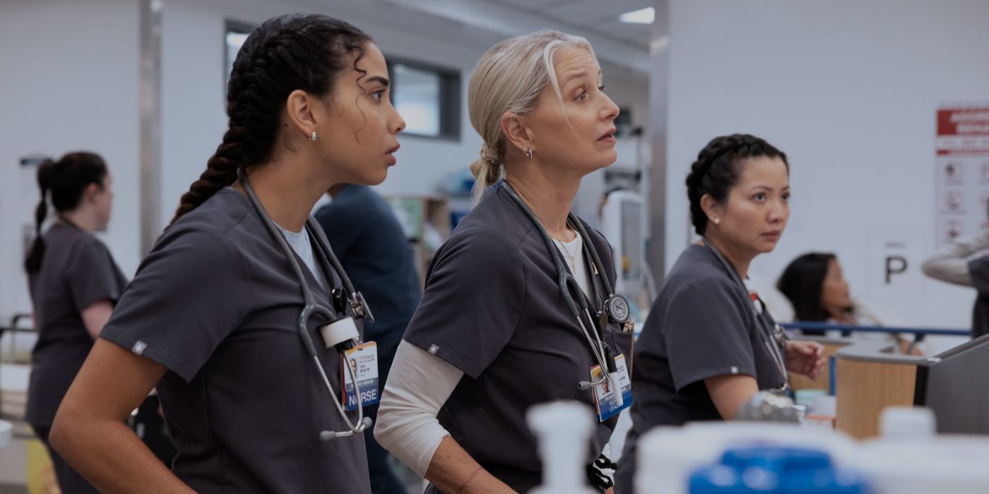 Emma Nolan (Laetitia Hollard), Dana Evans (Katherine LaNasa), and Princess Dela Cruz (Kristin Villanueva) in 'The Pitt'