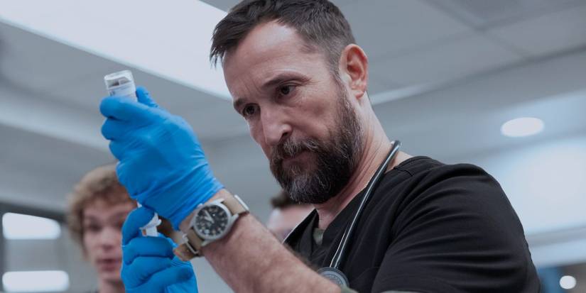 James Ogilvie (Lucas Iverson) and Dr. Robby (Noah Wyle) in 'The Pitt'
