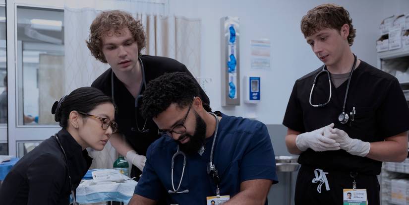 Irene Choi, Lucas Iverson, Brandon Mendez Homer, and Gerran Howell in The Pitt Season 2 Episode 6