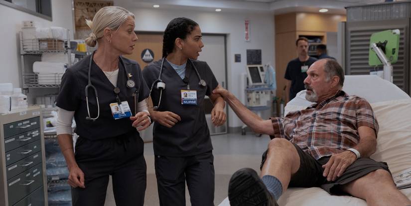 Katherine LaNasa, Laetitia Hollard, and Cliff Weissman in The Pitt Season 2 Episode 6