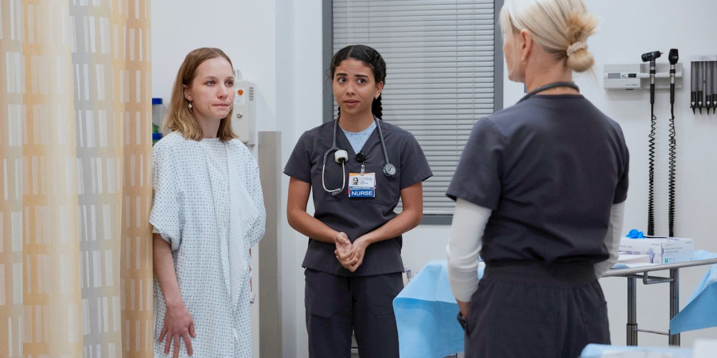 Emma and Ilana Miller re-entering the exam room and talking to Dana in The Pitt Season 2 Episode 8