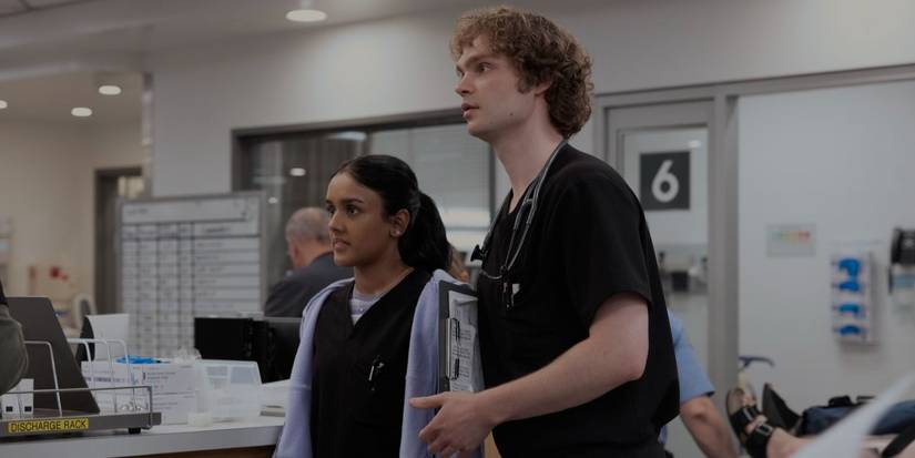 Victoria Javadi (Shabana Azeez) and James Ogilvie (Lucas Iverson) on 'The Pitt'