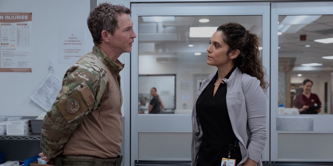 Jack Abbott (Shawn Hatosy) talks to Baran Al-Hashimi (Sepideh Moafi) on 'The Pitt'